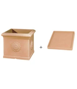 Farmet New Kunststoff-Topf Festonato, Quadratisch, Terrakotta, Inkl. Untersetzer